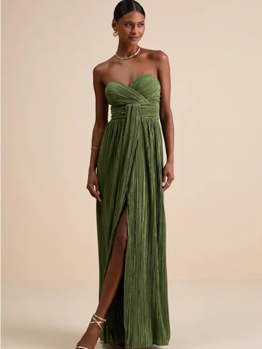 Lulu's Olive Green Strapless Pleated Gown